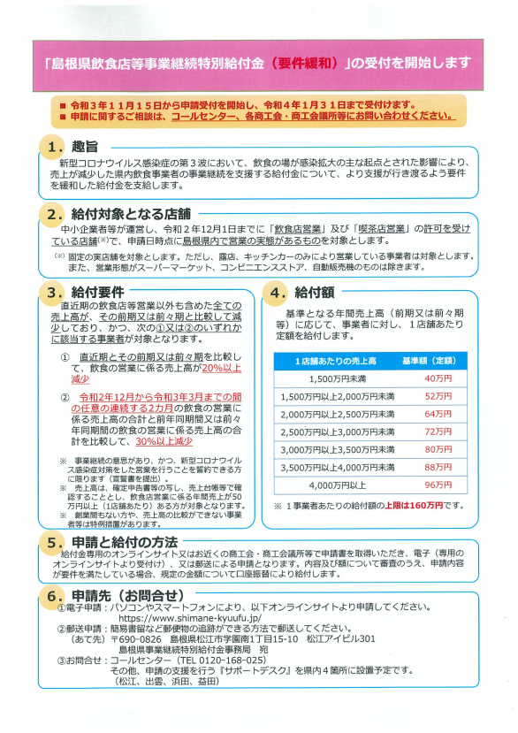 ｢島根県飲食店等事業継続特別給付金（要件緩和）｣の受付が開始されます。